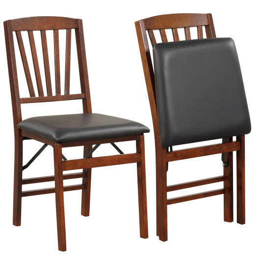 Costway Set of 2 Brown Folding Chairs with Padded Seat and Rubber Wood Frame