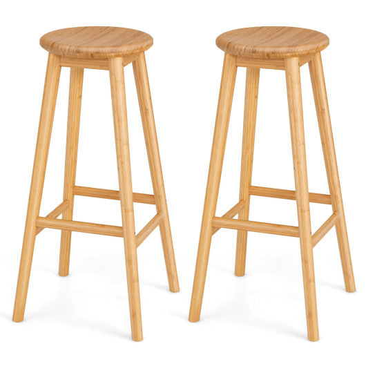 Costway Set of 2 Natural Bamboo Backless Pub Barstools with Round Seat and Footrest