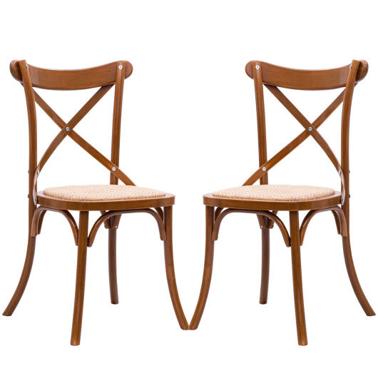 Costway Set of 2 Oak Cross Back Solid Wood Rattan Seat Dining Chair