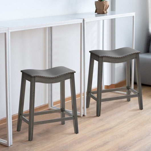 Costway Set of 2 PU Leather Saddle Bar Stools with Rubber Wood Legs