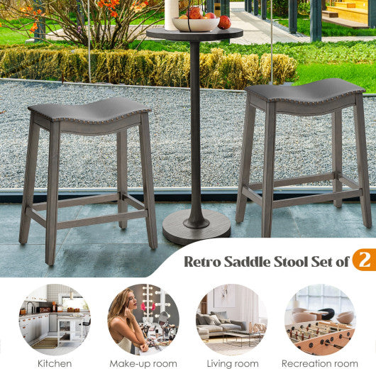 Costway Set of 2 PU Leather Saddle Bar Stools with Rubber Wood Legs