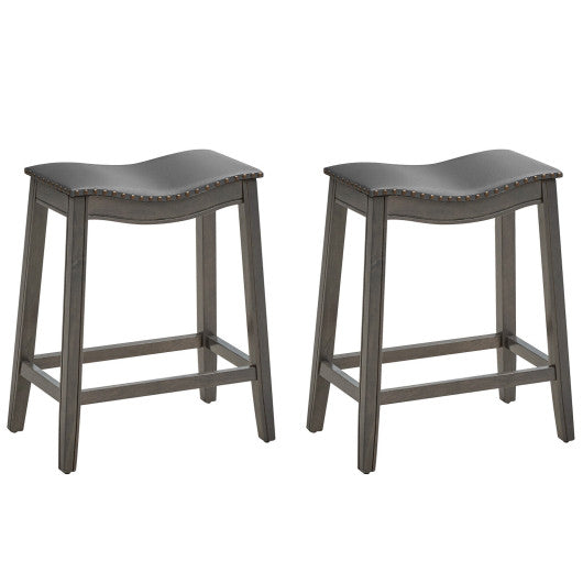 Costway Set of 2 PU Leather Saddle Bar Stools with Rubber Wood Legs