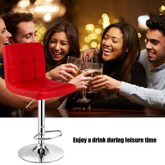 Costway Set of 2 Red Square Swivel Adjustable PU Leather Bar Stools with Back and Footrest