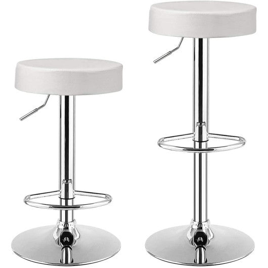Costway Set of 2 White Adjustable Round PU Leather Swivel Barstool with Chrome Footrest