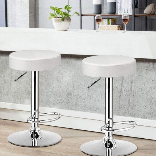 Costway Set of 2 White Adjustable Round PU Leather Swivel Barstool with Chrome Footrest