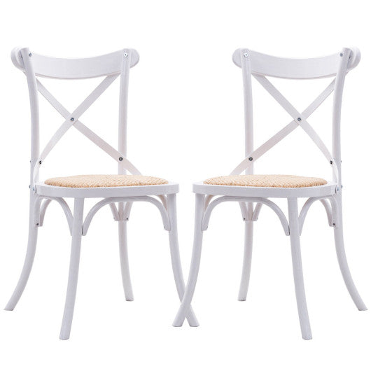 Costway Set of 2 White Cross Back Solid Wood Rattan Seat Dining Chair