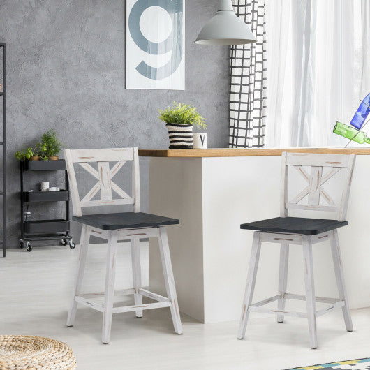Costway Set of 2 White Swivel Counter Height Bar Stools with Solid Wood Legs