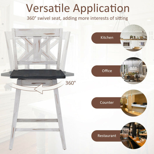 Costway Set of 2 White Swivel Counter Height Bar Stools with Solid Wood Legs