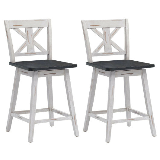 Costway Set of 2 White Swivel Counter Height Bar Stools with Solid Wood Legs