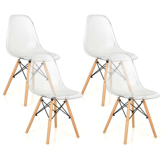 Costway Set of 4 Transparent Dining Chairs Modern Plastic Shell Side Chair with Clear Seat and Wood Legs