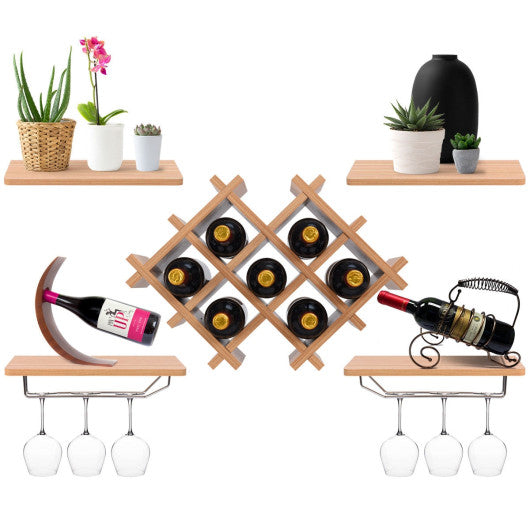 Costway Set of 5 Natural Wall Mount Wine Rack Set w/ Storage Shelves