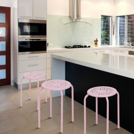 Costway Set of 6 Pink Stackable Multifunctional Daisy Design Backless Round Metal Stool Set