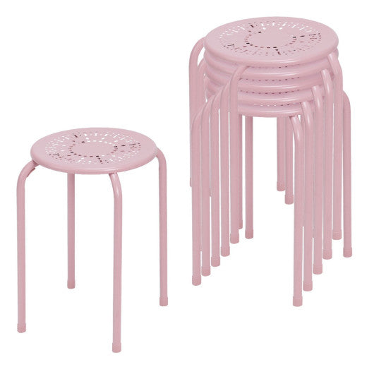 Costway Set of 6 Pink Stackable Multifunctional Daisy Design Backless Round Metal Stool Set