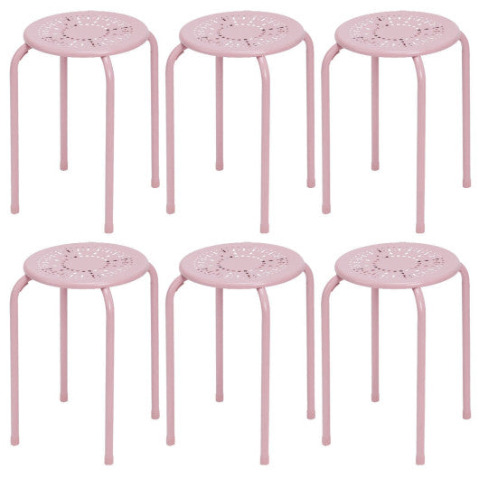 Costway Set of 6 Pink Stackable Multifunctional Daisy Design Backless Round Metal Stool Set