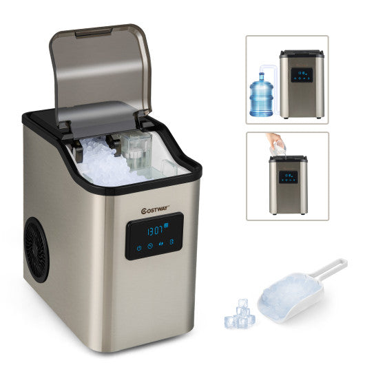 Costway Silver Countertop Nugget Ice Maker with 2 Ways Water Refill Self-Cleaning