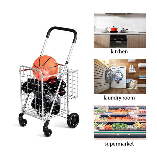 Folding Shopping Cart Heavy Duty Grocery Rolling Utility Cart with Handle  Silver