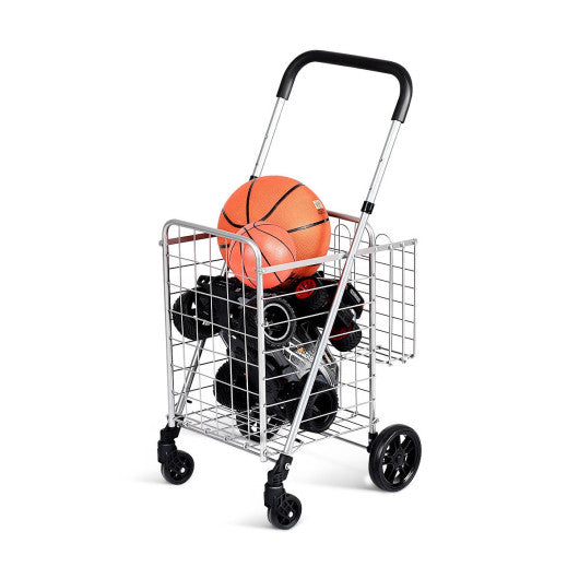 Costway Silver Folding Shopping Cart Basket Rolling Trolley with Adjustable Handle