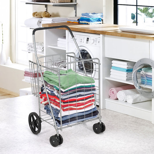 Costway Silver Folding Shopping Cart for Laundry with Swiveling Wheels and Dual Storage Baskets