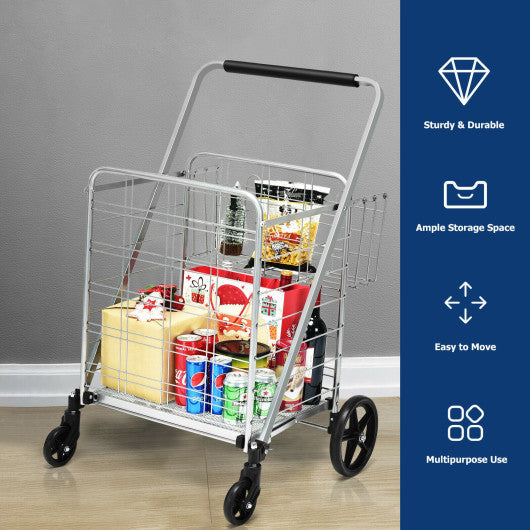 Costway Silver Heavy Duty Folding Utility Shopping Double Cart