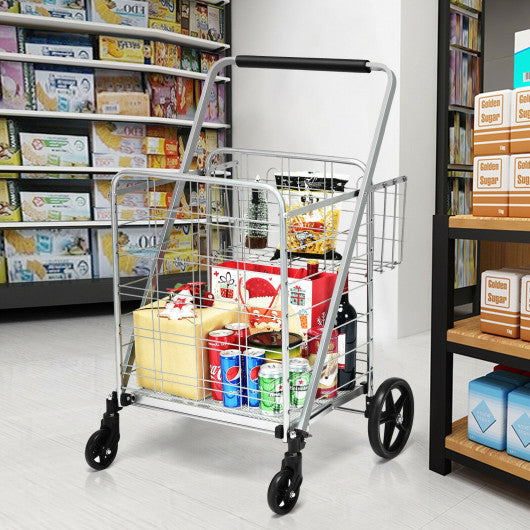 Costway Silver Heavy Duty Folding Utility Shopping Double Cart