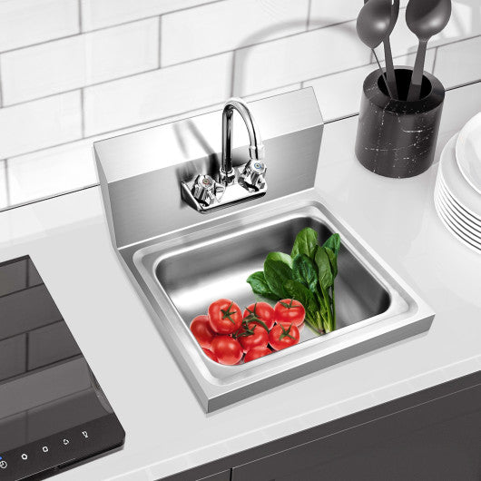 Costway Stainless Steel Sink Wall Mount Hand Washing Sink with Faucet and Back Splash