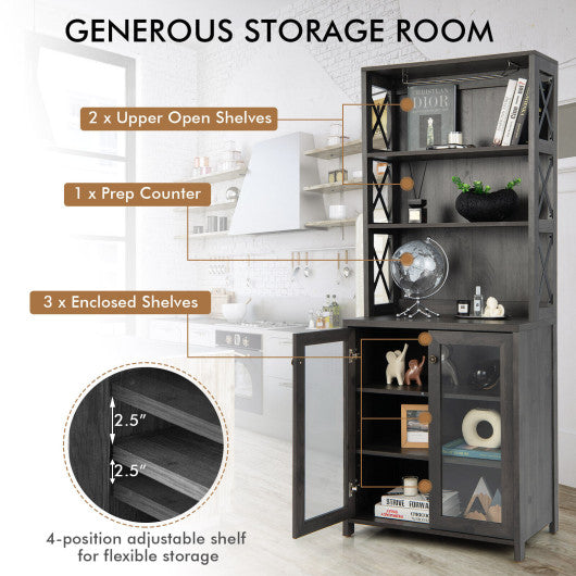 Costway Tall Gray Freestanding Bar Cabinet Buffet with Glass Holder and Adjustable Shelf