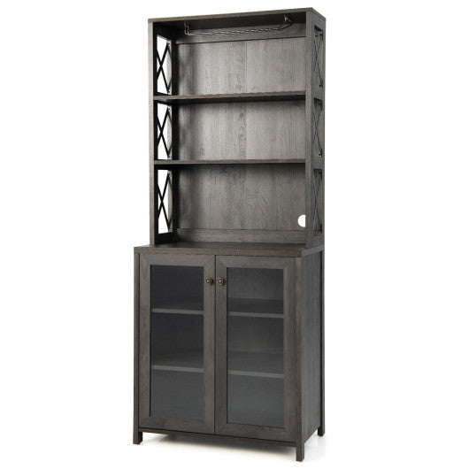 Costway Tall Gray Freestanding Bar Cabinet Buffet with Glass Holder and Adjustable Shelf