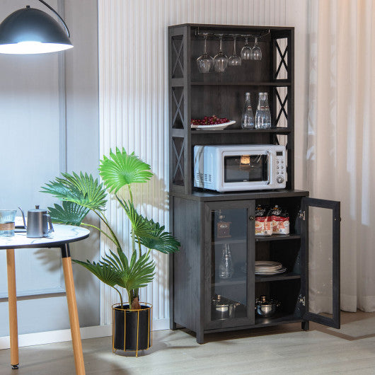 Costway Tall Gray Freestanding Bar Cabinet Buffet with Glass Holder and Adjustable Shelf
