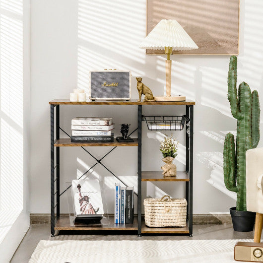 Costway Walnut Industrial Kitchen Baker's Rack Microwave Shelf with 6 Hooks
