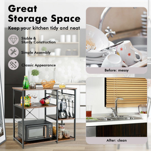 Costway Walnut Industrial Kitchen Baker's Rack Microwave Shelf with 6 Hooks