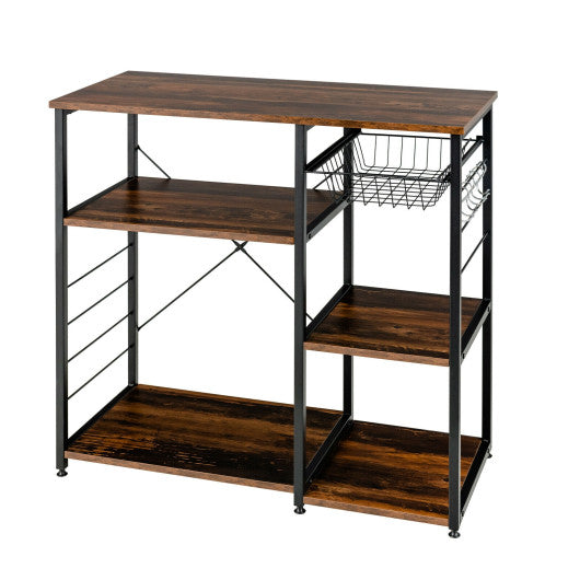 Costway Walnut Industrial Kitchen Baker's Rack Microwave Shelf with 6 Hooks