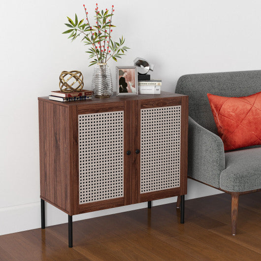 Costway Walnut Kitchen Sideboard with 2 Rattan Doors and Adjustable Shelf