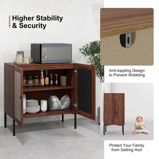 Costway Walnut Kitchen Sideboard with 2 Rattan Doors and Adjustable Shelf