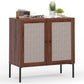 Costway Walnut Kitchen Sideboard with 2 Rattan Doors and Adjustable Shelf