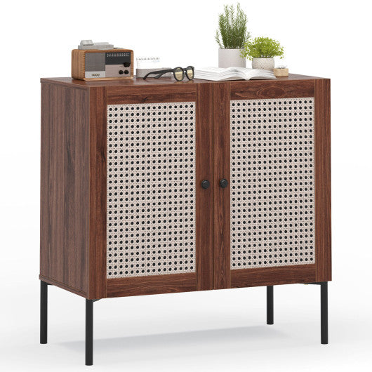Costway Walnut Kitchen Sideboard with 2 Rattan Doors and Adjustable Shelf