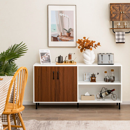 Costway Walnut Modern Buffet Sideboard with 2 Doors and Open Compartments
