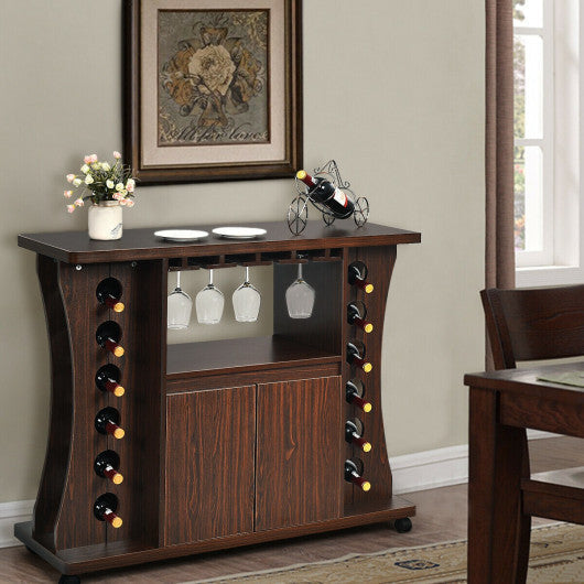 Costway Walnut Rolling Buffet Sideboard Wooden Bar Storage Cabinet