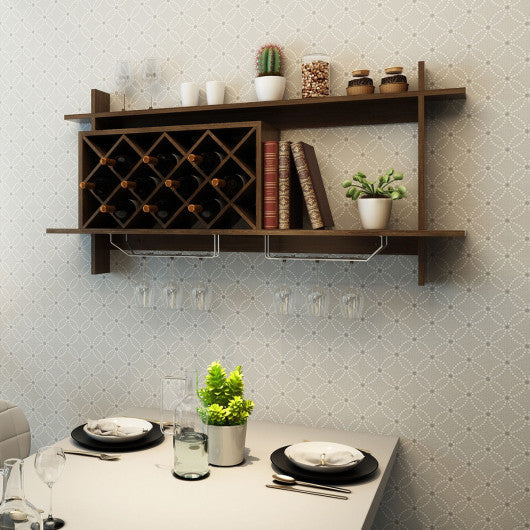 Costway Walnut Wall Mount Wine Rack with Glass Holder & Storage Shelf