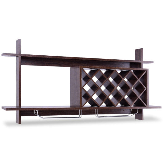 Costway Walnut Wall Mount Wine Rack with Glass Holder & Storage Shelf