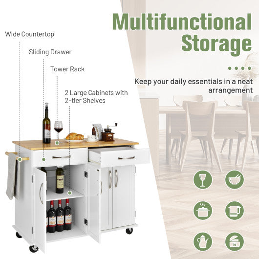 Costway White 4-Door Rolling Kitchen Island Cart Buffet Cabinet with Towel Racks Drawers