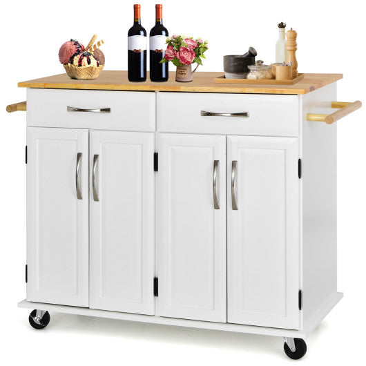 Costway White 4-Door Rolling Kitchen Island Cart Buffet Cabinet with Towel Racks Drawers