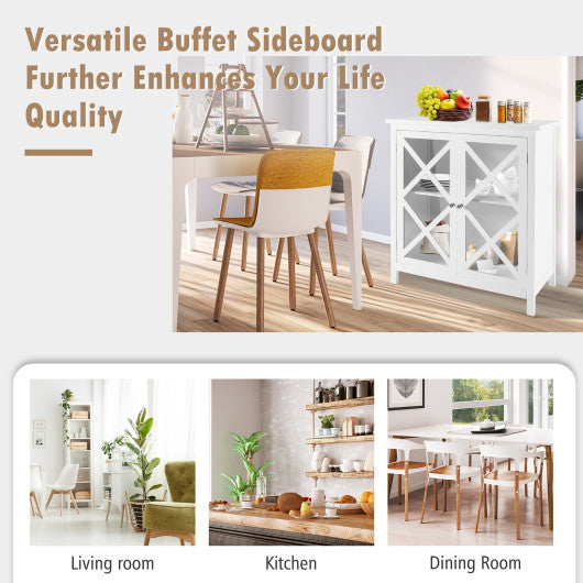 Costway White Freestanding Kitchen Buffet Cabinet with Glass Doors and Adjustable Shelf