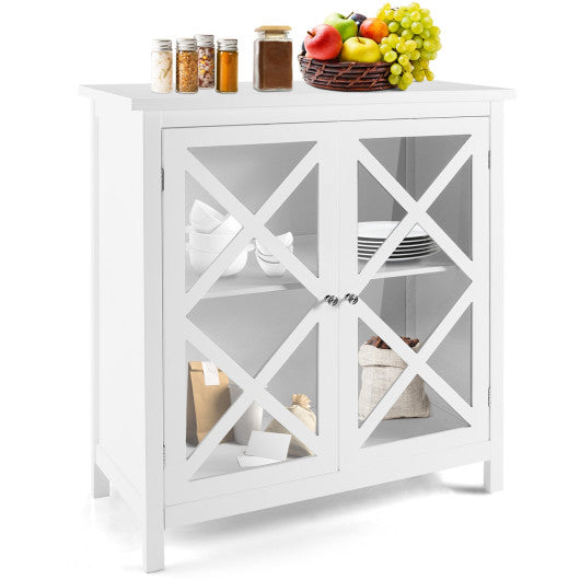 Costway White Freestanding Kitchen Buffet Cabinet with Glass Doors and Adjustable Shelf