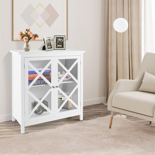 Costway White Freestanding Kitchen Buffet Cabinet with Glass Doors and Adjustable Shelf
