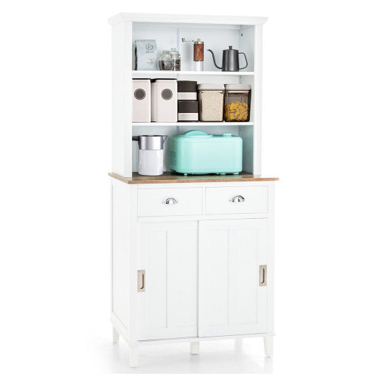 Costway White Freestanding Kitchen Pantry with Hutch Sliding Door and Drawer