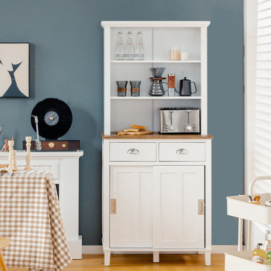Costway White Freestanding Kitchen Pantry with Hutch Sliding Door and Drawer