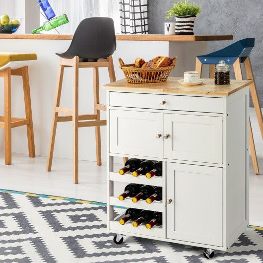 Costway White Kitchen Cart with Rubber Wood Top 3 Tier Wine Racks 2 Cabinets