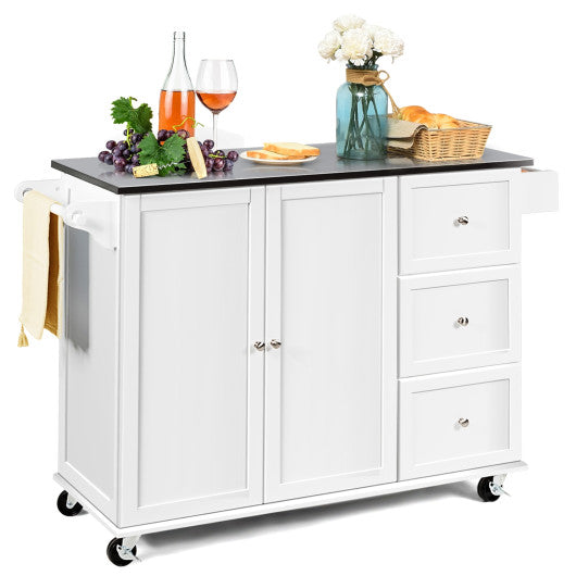 Costway White Kitchen Island 2-Door Storage Cabinet with Drawers and Stainless Steel Top