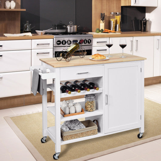 Costway White Kitchen Island Cart Rolling Serving Cart Wood Trolley