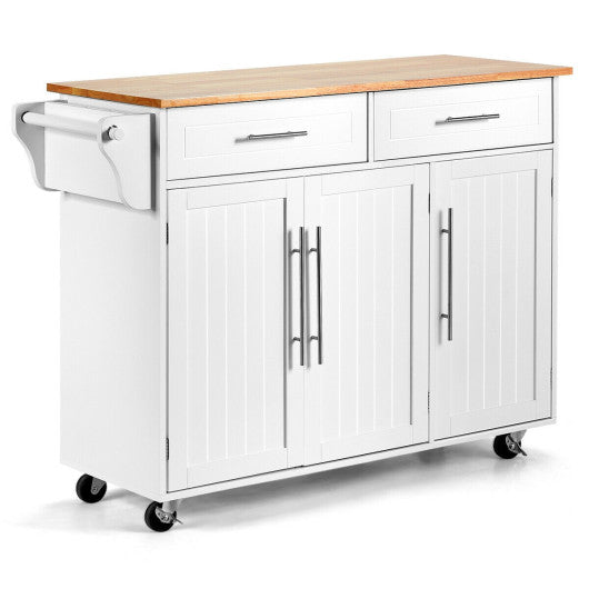 Costway White Kitchen Island Trolley Cart Wood Top Rolling Storage Cabinet